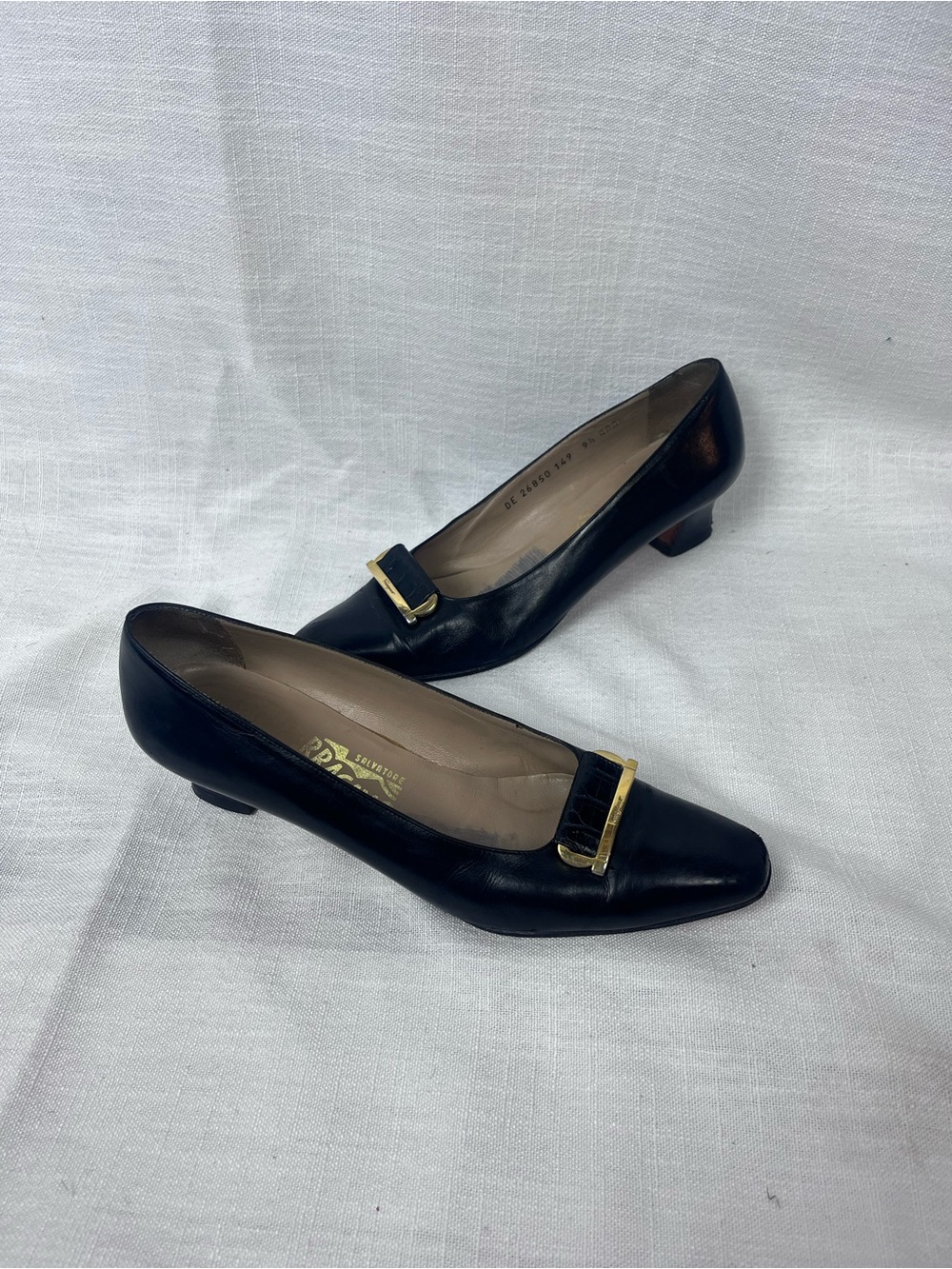 Vintage Salvatore Ferragamo Black Leather Heels with Gold Buckle Size 9.5